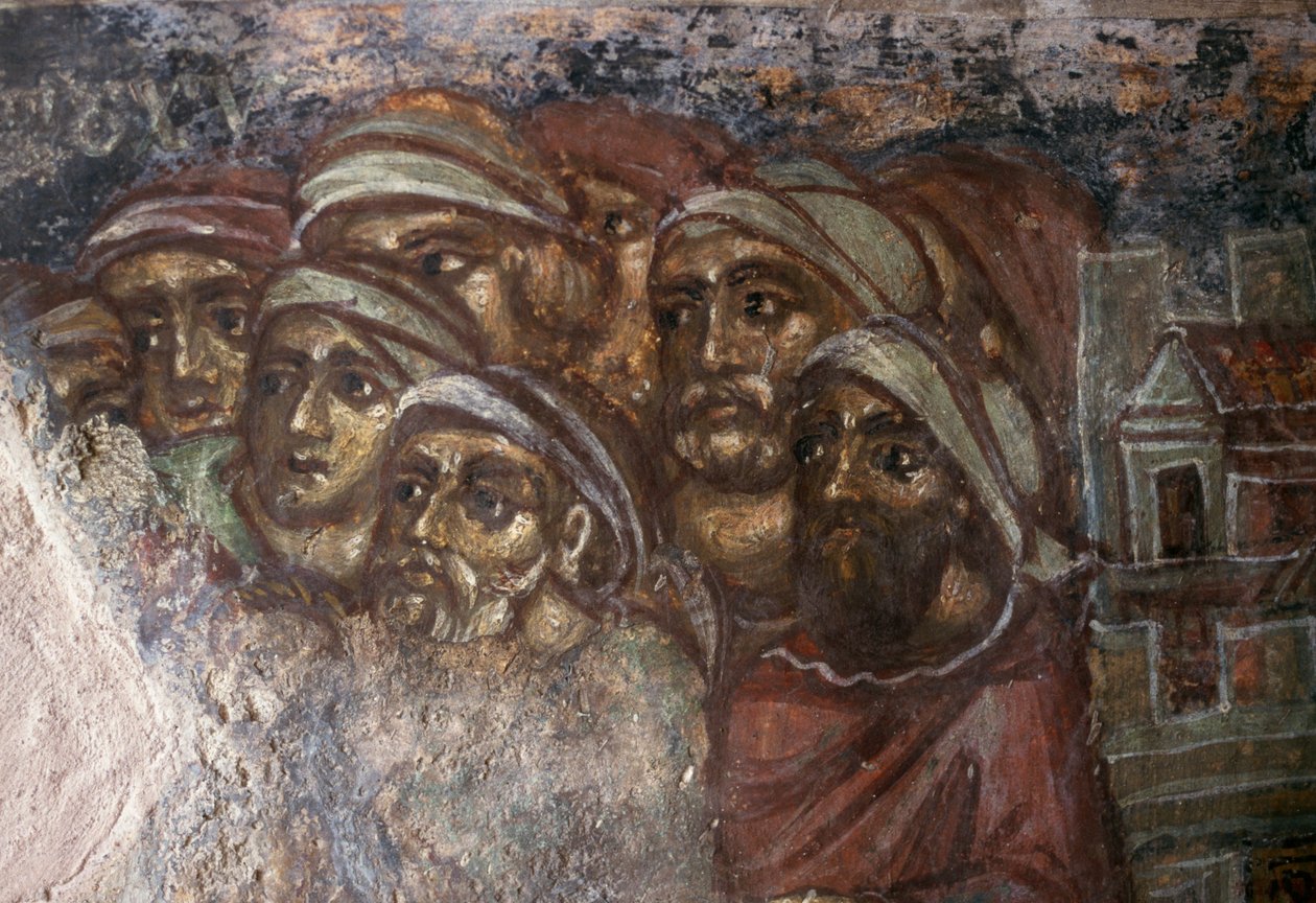 Fresco med gruppe menn, den bysantinske kirken Ayios Stephanos, Drakona, Kreta, Hellas (bilde) av Unbekannt Unbekannt