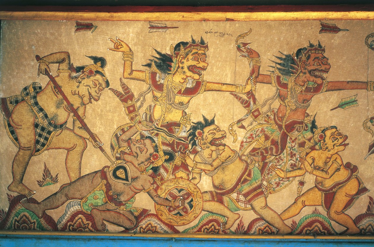 Fresker som viser scener av kamper mellom guder og demoner, Kertha Gosa-paviljongen, Klungkung-palasset (Puri Agung Semarapura), Semarapura, Bali, Indonesia av Unbekannt Unbekannt
