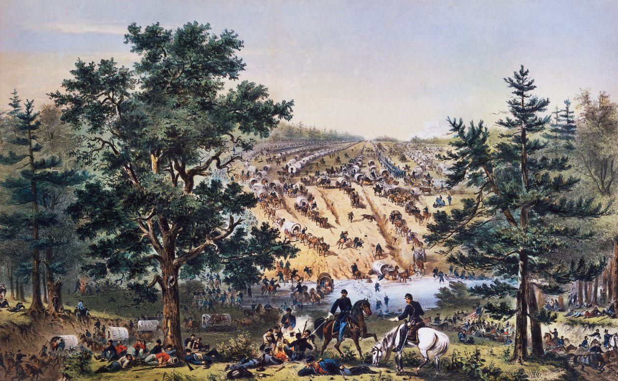 George Brinton McClellans retrett, Bear Creek ford, Army of the Potomac, juli 1862, tegning av John Badger Bachelder, gravering av Bufford, amerikansk borgerkrig, USA av Unbekannt Unbekannt