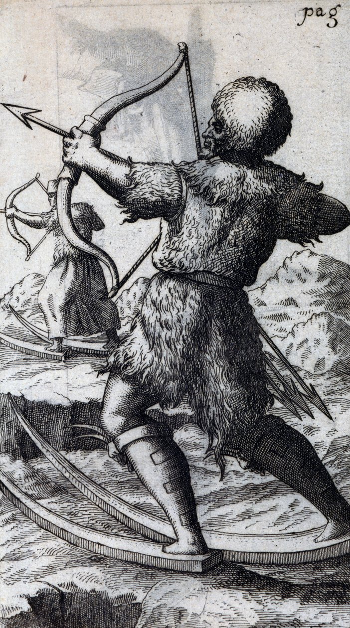 Jeger med pil og bue på korte ski, illustrasjon fra De Calceo Antiquo, av B Balduinus av Unbekannt Unbekannt