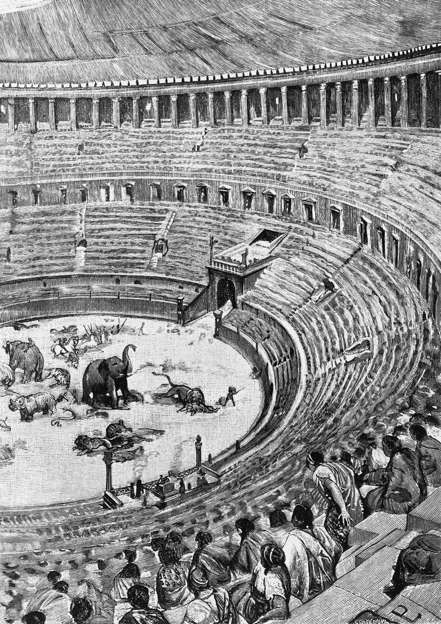 Innvielse av det flaviske amfiteateret, kjent som Colosseum, i Roma i 80 e.Kr., med publikum som så på dyrekamp, illustrasjon fra History of Rome, av Francesco Bertolini (1836-1909), Treves, Milano av Unbekannt Unbekannt