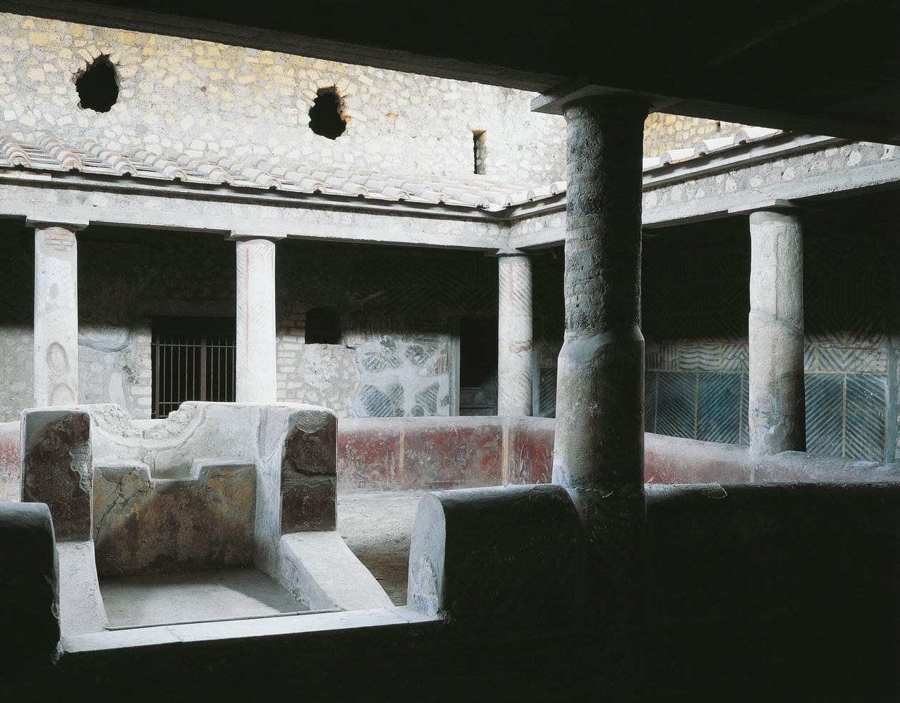 Italia, Campania, Oplonti, arkeologiske området Torre Annunziata, Roman Villa Poppaea, Lite innendørs atrium med fontene for vanning av hagen av Unbekannt Unbekannt