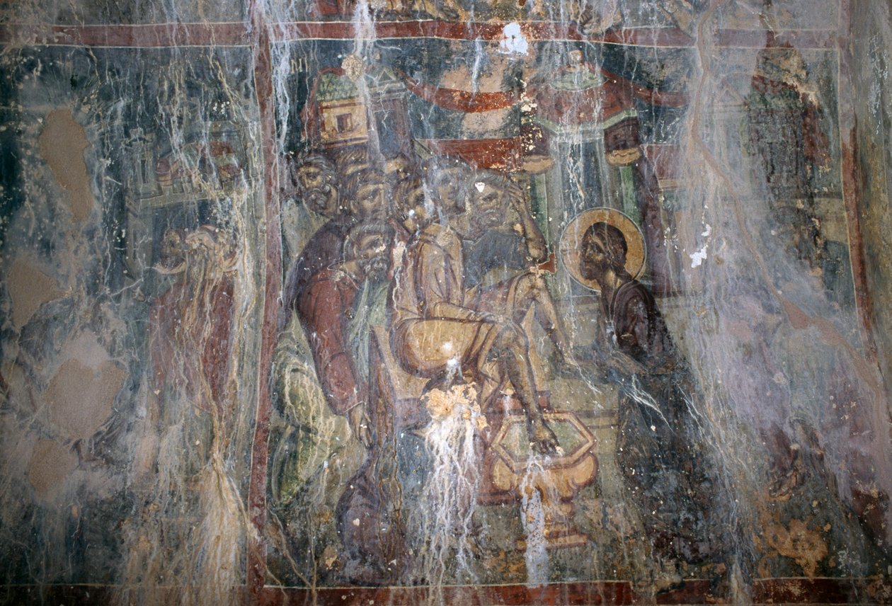 Jesus og fotvask, freskomaleri i den bysantinske kirken Agios Athanasios, Kefali, Kreta, Hellas (bilde) av Unbekannt Unbekannt