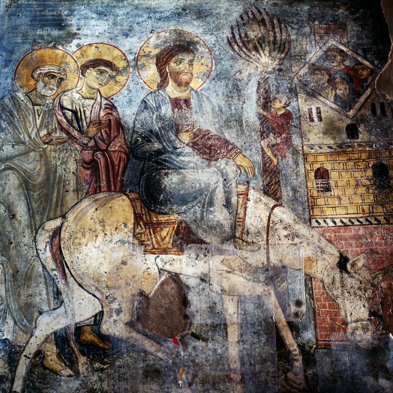 Jesus kommer inn i Jerusalem på esel, fresker inne i klosteret Panagia Antifonitria, Myriokefala, Kreta, Hellas (bilde) av Unbekannt Unbekannt