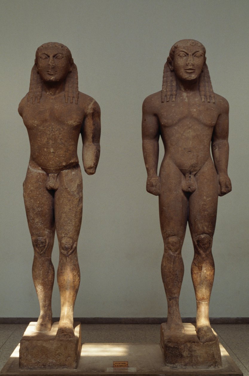 Kleobis og Biton, ca 610-590 f.Kr., pariske marmorstatuer, av Polymedes av Argos, dedikert til Delphi av byen Argos, Hellas, gresk sivilisasjon, 7.-6. århundre f.Kr. av Unbekannt Unbekannt