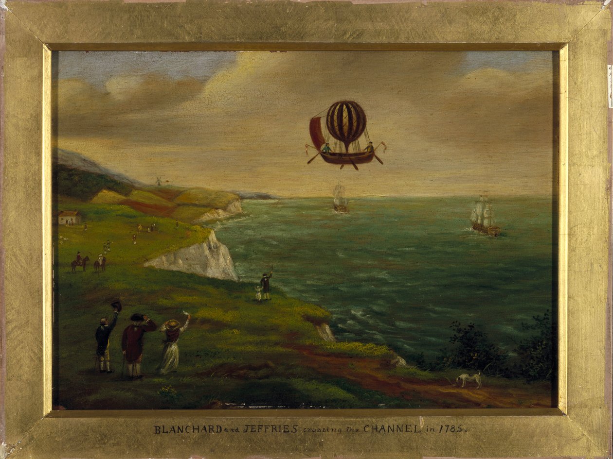 Oppfinneren Jean Pierre (Jean-Pierre) Blanchard (1753-1809) og den amerikanske vitenskapsmannen John Jeffries (Jefferies eller Gefferies) (1744-1819) krysser Den engelske kanal i en flygende maskin som ligner en båt utstyrt med en luftballong 7/01/ 1785 av Unbekannt Unbekannt