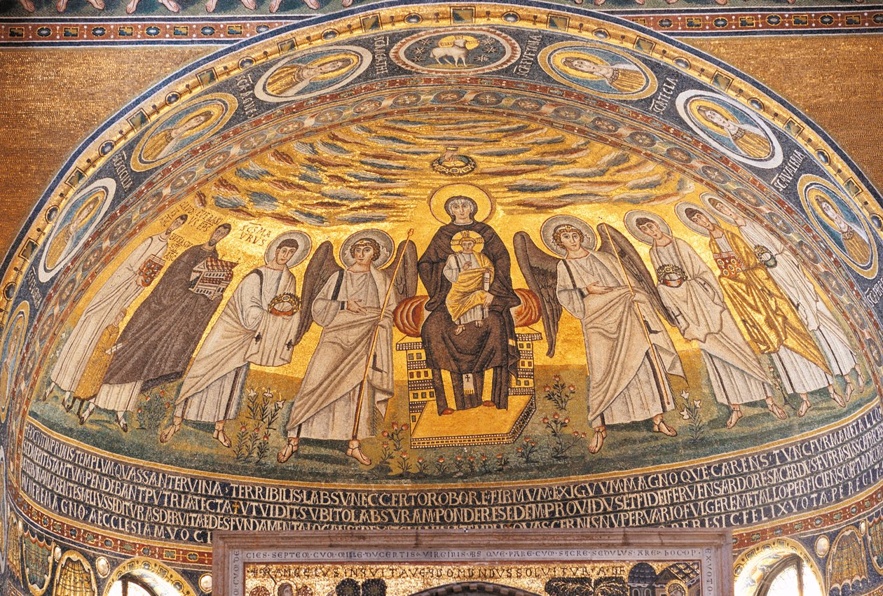 Madonna og barn mellom engler og helgener, mosaikk i apsis av Euphrasian-basilikaen, Porec, Istria, Kroatia, 600-tallet av Unbekannt Unbekannt