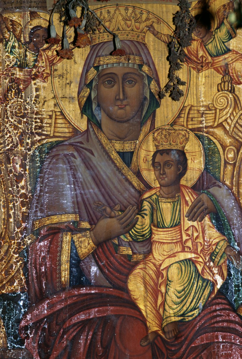 Madonna og barn, forgylt maleri, den bysantinske kirken Agios Georgios, Vathi, Kreta, Hellas (bilde) av Unbekannt Unbekannt