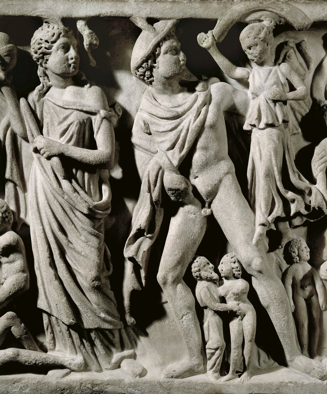 Marmorsarkofag, Relieff som skildrer Prometheus-myten, Detalj, Hermes og en av Parcae eller skjebner, Fra Arles av Unbekannt Unbekannt