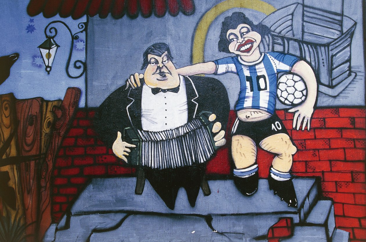 Musiker Anibal Troilo og fotballspiller Diego Maradona, veggmaleri på veggen i Caminito-gaten, La Boca, Buenos Aires, Argentina av Unbekannt Unbekannt