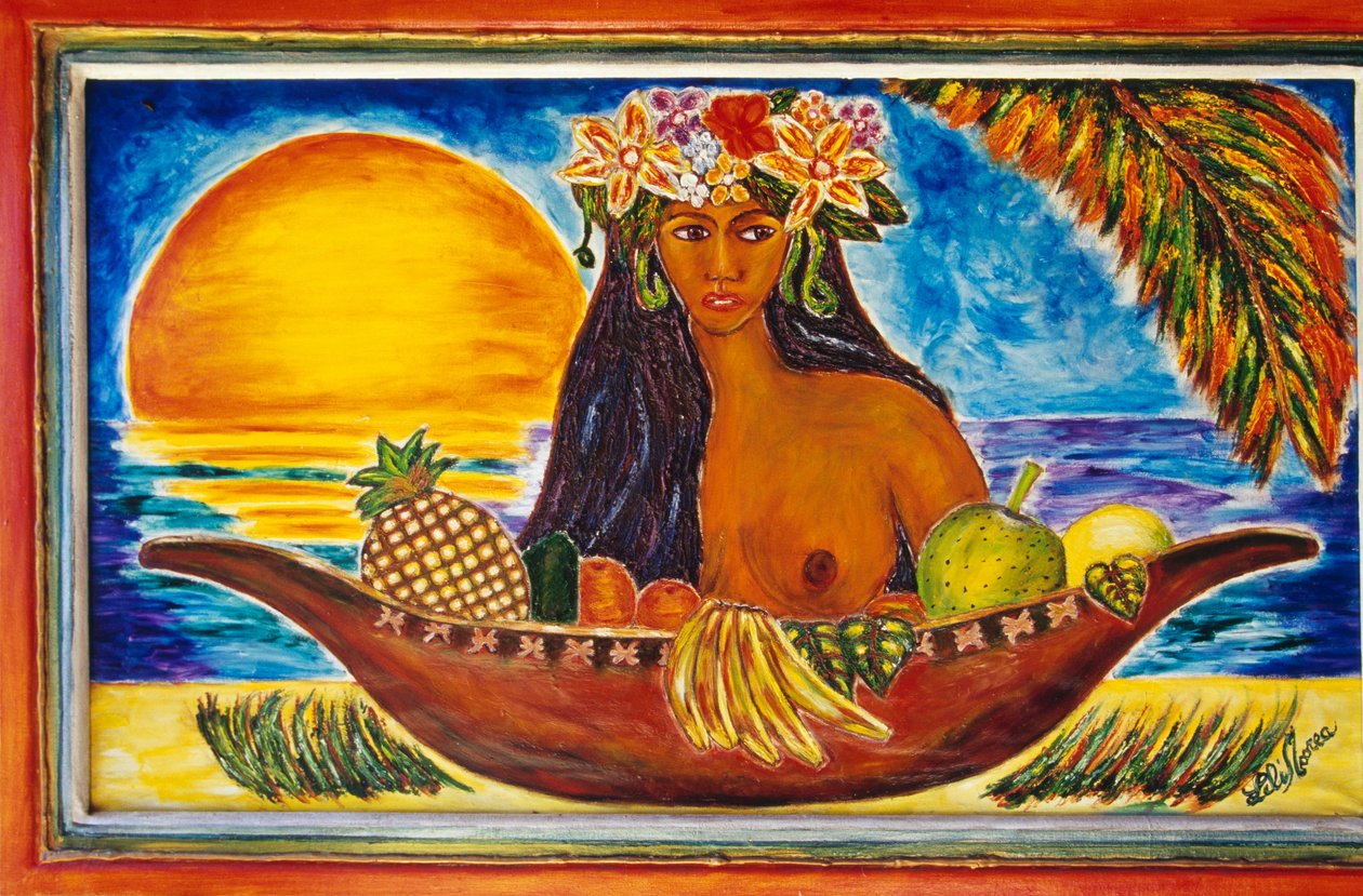 Malt glass som viser polynesisk kvinne, øya Moorea, Society Islands, Fransk Polynesia (den franske republikkens oversjøiske territorium), detalj av Unbekannt Unbekannt