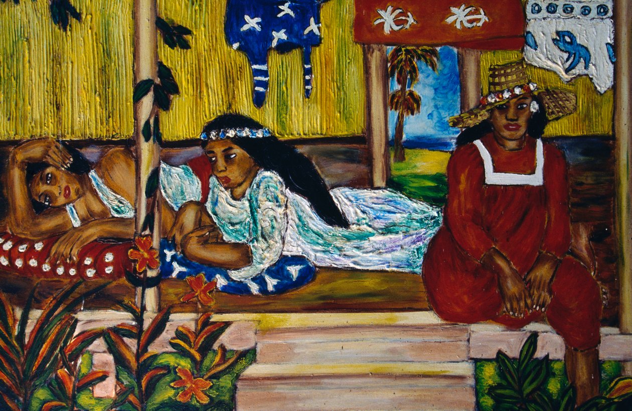 Polynesiske kvinner, glassmalerier, Moorea Island, Society Islands, Fransk Polynesia, den franske republikkens oversjøiske territorium av Unbekannt Unbekannt