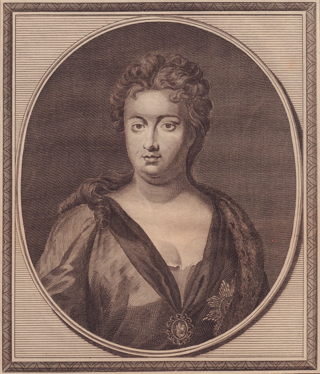 Portrett av Anne Stuart, dronning av Storbritannia (1665-1714), kobberstikk av John Goldar (1729-1795) fra maleri av G Kneller av Unbekannt Unbekannt