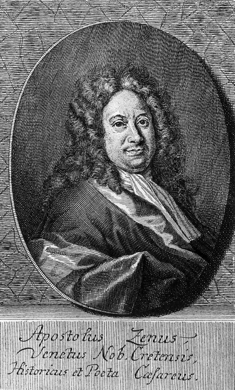 Portrett av Apostolo Zeno (cirka 1668-1750), italiensk poet, librettist, journalist og bokstavmann, gravering av Unbekannt Unbekannt