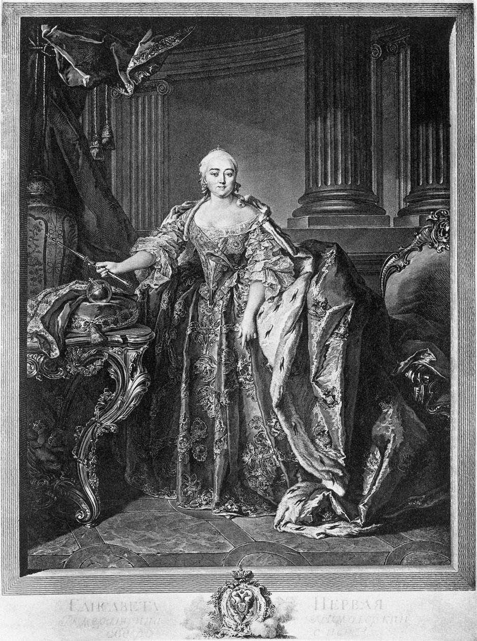 Portrett av Elizabeth Petrovna (1709-1761), keiserinne av Russland fra 1741 til hennes død, gravering av Unbekannt Unbekannt