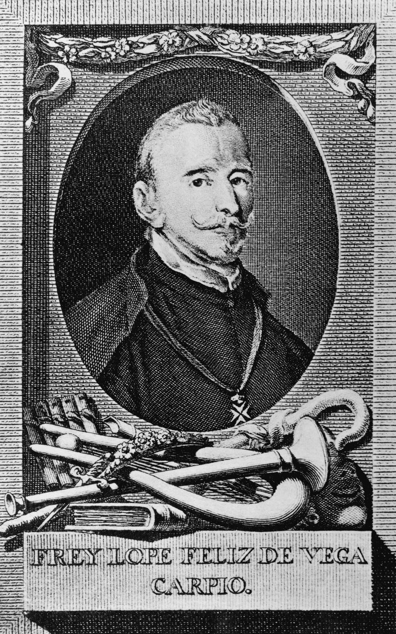 Portrett av Felix Lope de Vega y Carpio (1562-1635), spansk romanforfatter, poet og dramatiker, gravering av Unbekannt Unbekannt