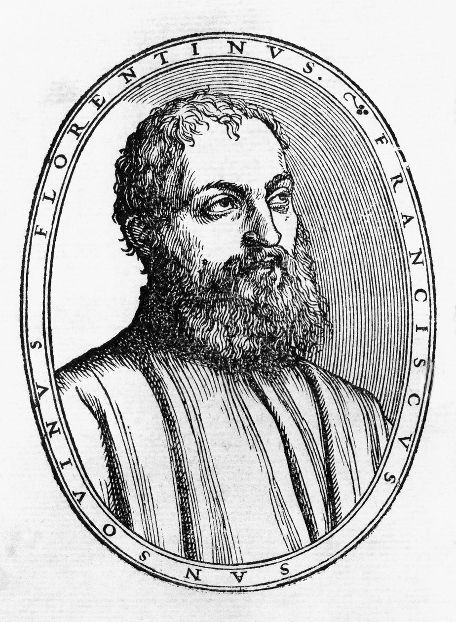 Portrett av Francesco Tatti da Sansovino (1521-1586), italiensk mann av bokstaver, tresnitt fra Del secretario di Francesco Sansouino libri quattro, utgitt av Francesco Rampazetto av Unbekannt Unbekannt