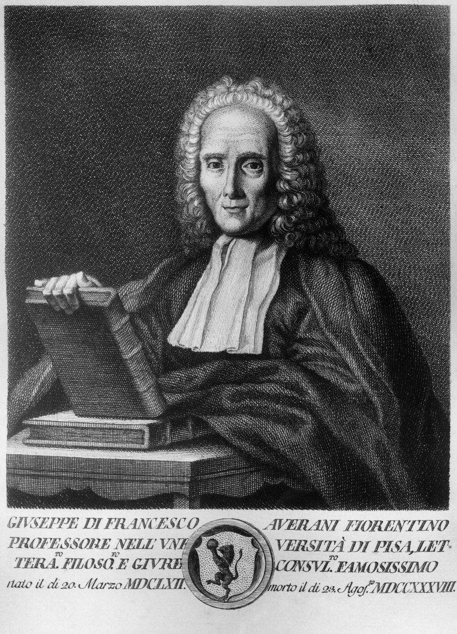 Portrett av Giuseppe Averani, kjent som Averanus (1662-1738), italiensk jurist og naturforsker, etsning fra Serie med portretter av berømte toskanske menn, utgitt av Allegrini av Unbekannt Unbekannt