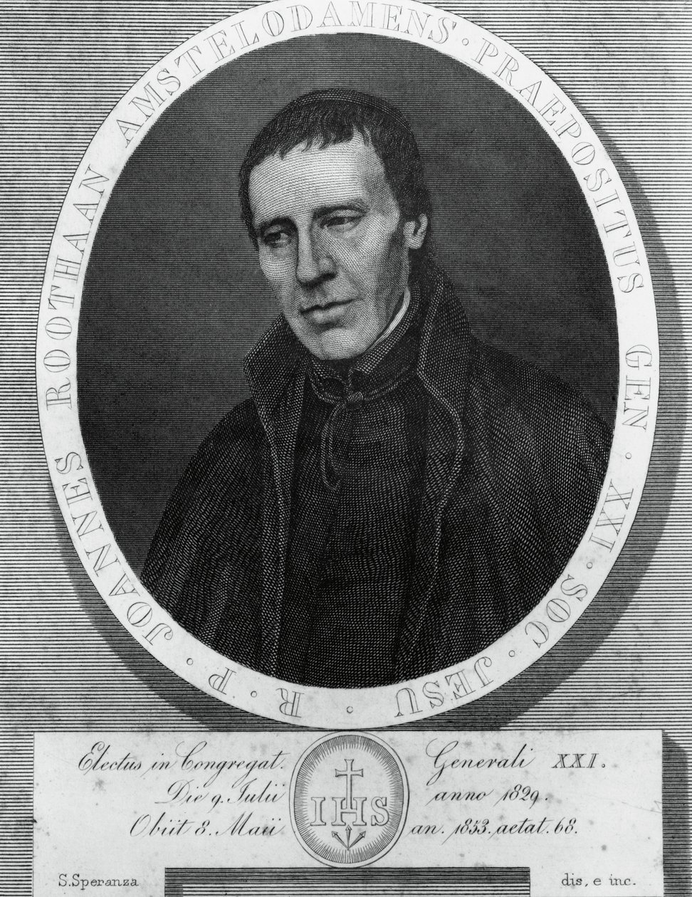 Portrett av Jan Philipp Roothaan (1785-1853), nederlandsk jesuitt og 21. generaloverordnede i Society of Jesus, tegning og gravering av Serafino Speranza (1862-1911) etter maleri av Frans Quartier av Unbekannt Unbekannt