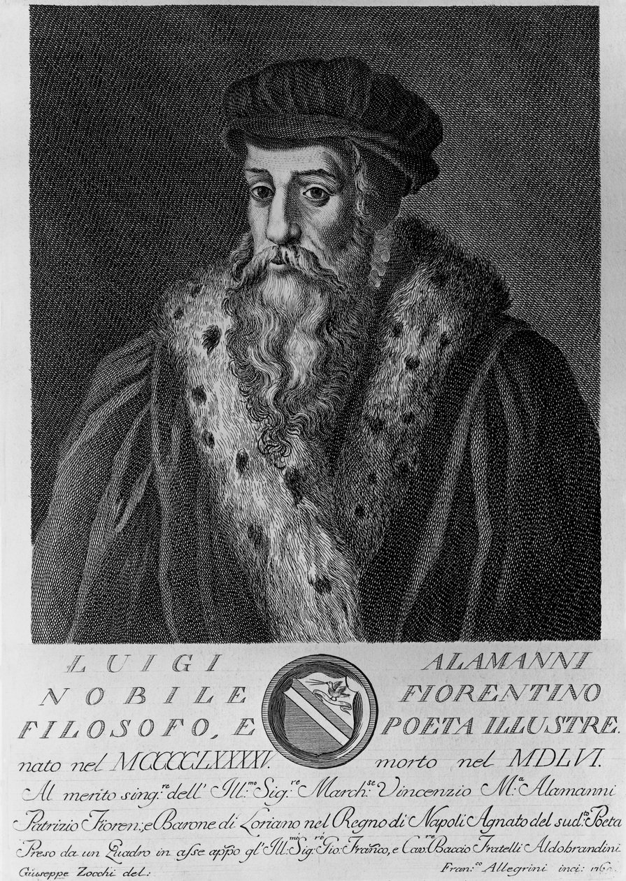 Portrett av Luigi Alamanni (1495-1556), italiensk poet, gravering av Francesco Allegrini (1729-etter 1773) etter tegning av Giuseppe Zocchi (født 1711 eller 1717, død 1767) av Unbekannt Unbekannt