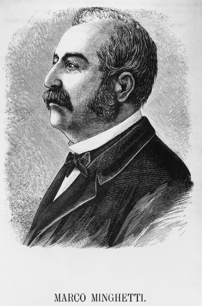 Portrett av Marco Minghetti (1818-1886), italiensk økonom og statsmann som var statsminister i kongeriket Italia fra 1863 til 1864, og fra 1873 til 1876, gravering av Unbekannt Unbekannt