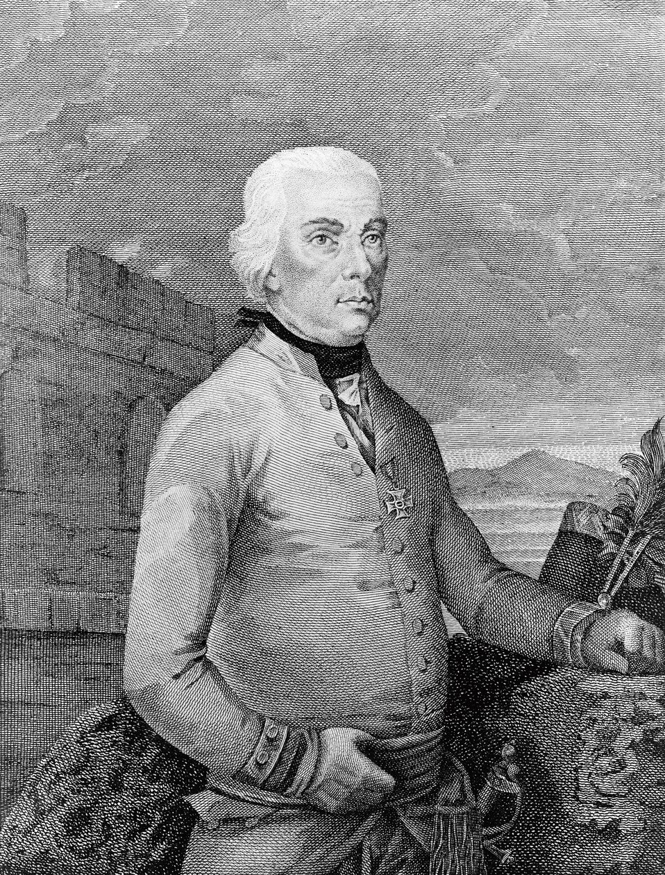 Portrett av Michael Friedrich von Melas (1729-1806), transylvanisk-født feltmarskalk for det østerrikske imperiet under Napoleonskrigene, gravering av Unbekannt Unbekannt