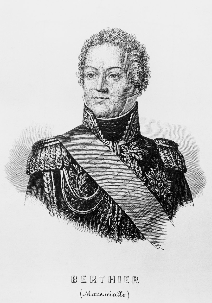 Portrett av prins Louis-Alexandre Berthier (1753-1815), fransk general, marskalk av Frankrike og krigsminister for det første franske imperiet, gravering av Unbekannt Unbekannt