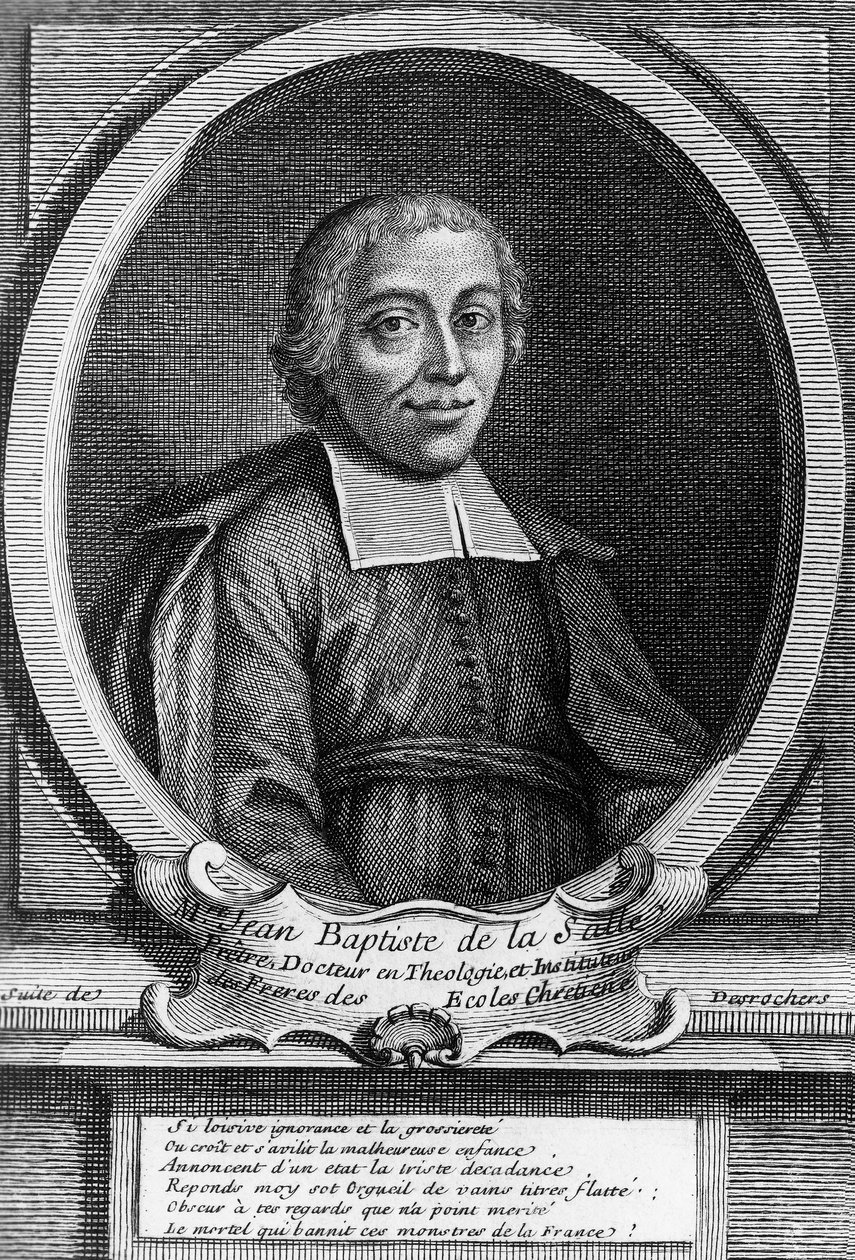 Portrett av Saint John Baptist de La Salle (1651-1719), fransk prest, pedagogisk reformator og grunnlegger av Institute of Brothers of Christian Schools, gravering av Unbekannt Unbekannt