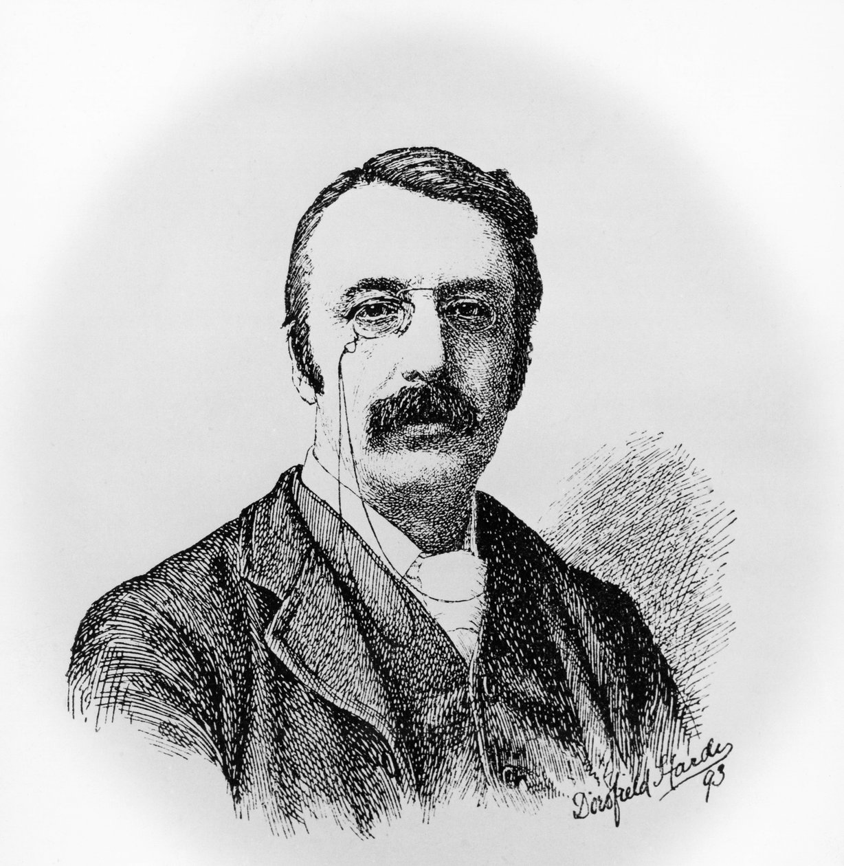 Portrett av Sir Charles Villiers Stanford (1852-1924), irsk komponist og dirigent, gravering etter tegning av Dorofield Hardy (1853-1937) av Unbekannt Unbekannt