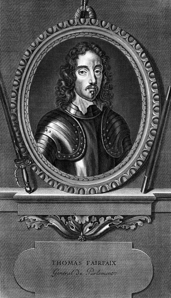 Portrett av Thomas Fairfax, 3. Lord Fairfax av Cameron (1612-1671), engelsk general og parlamentarisk øverstkommanderende under den engelske borgerkrigen, gravering av Unbekannt Unbekannt