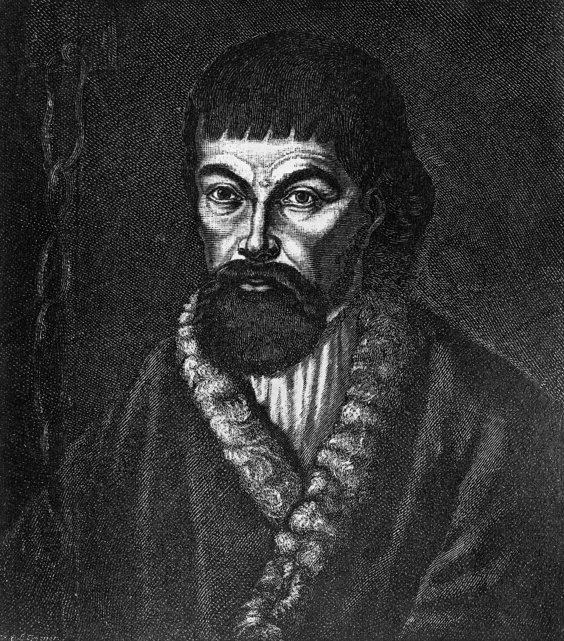Portrett av Yemelyan Ivanovich Pugachov (ca 1742-1775), leder av det store kosakk- og bondeopprøret i Russland i 1773-1774, gravering etter oljemaleri av Unbekannt Unbekannt