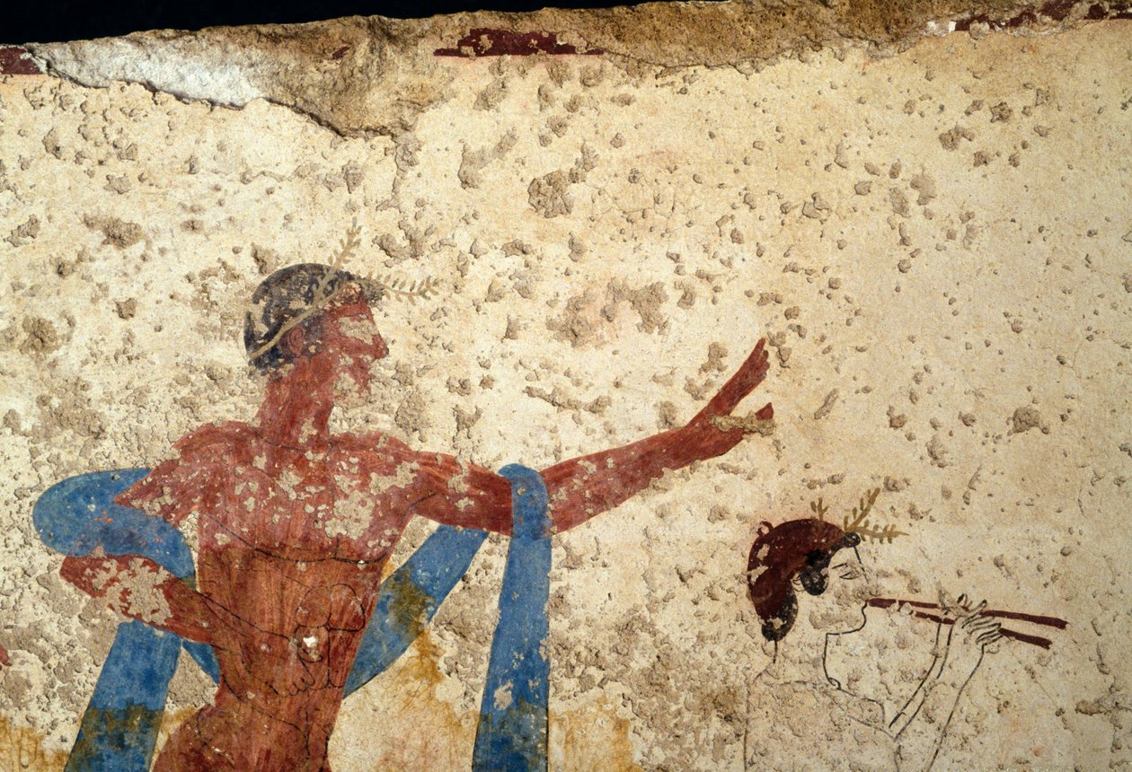 Prosesjon med atlet, detalj, freskomaleri fra Tomb of Diver, Paestum, Campania, Italia, antikkens gresk sivilisasjon, Magna Graecia, 3. århundre f.Kr. (bilde) av Unbekannt Unbekannt