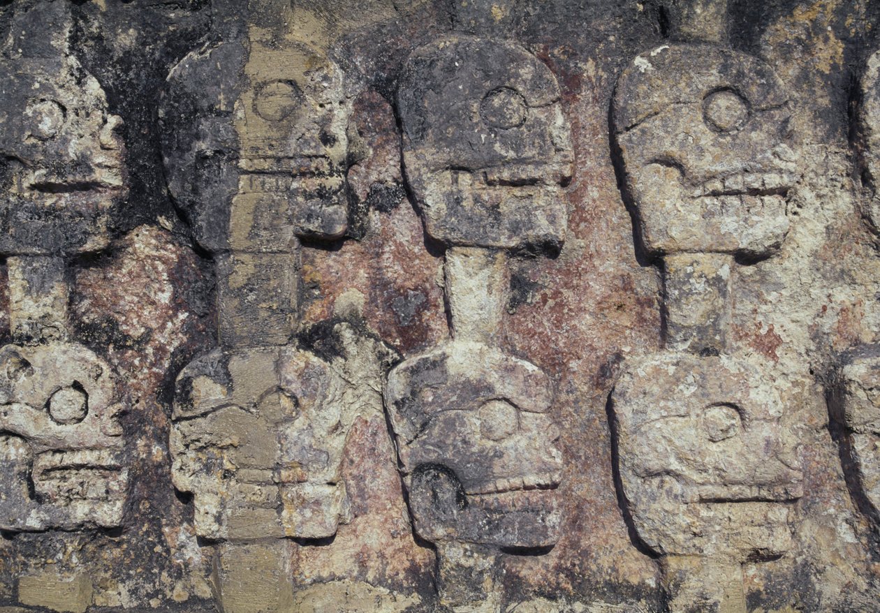 Relieff som viser menneskehodeskaller, detalj av Tzompantli, eller Wall of Skulls, det arkeologiske stedet Chichen Itza (UNESCOs verdensarvliste) av Unbekannt Unbekannt