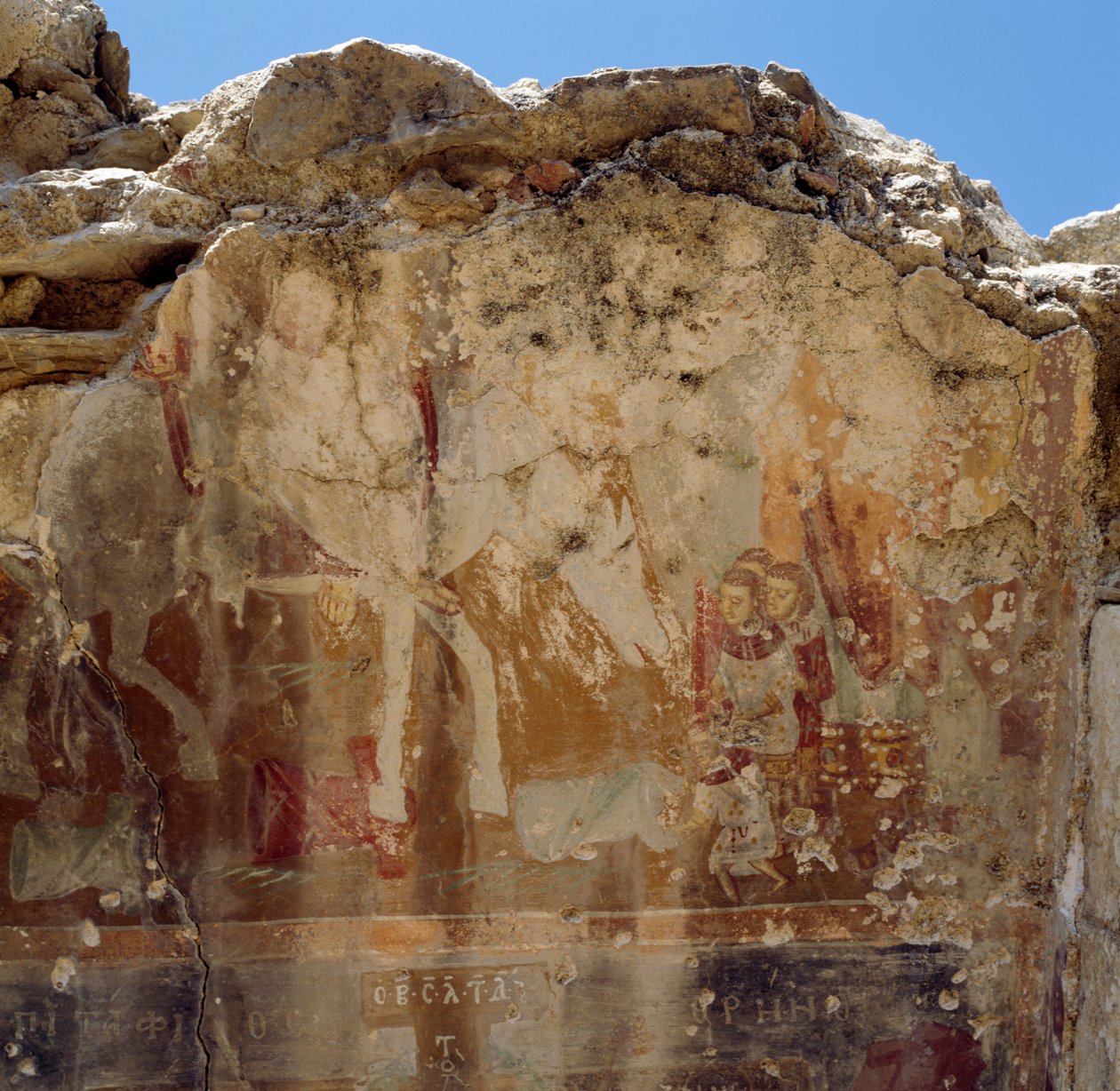 Rester av fresker av bysantinsk kirke i ruiner i Preveli, Kreta, Hellas (bilde) av Unbekannt Unbekannt