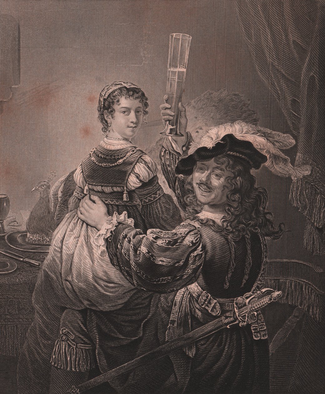 Rembrandt med sin kone Saskia, gravert H Payne fra maleri av Rembrandt, fra Paynes Royal Dresden Gallery, av Albert Henry Payne, H Payne Dresden og Leipzig Publisher, ca. 1840 av Unbekannt Unbekannt