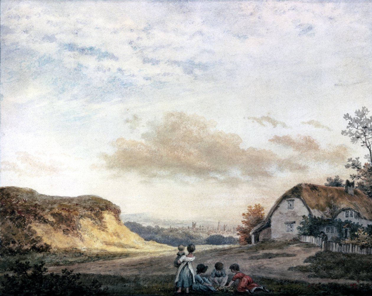 Landlig landskap av Luke Howard med barn som leker ved en hytte, ca 1808-1811 av Unbekannt Unbekannt