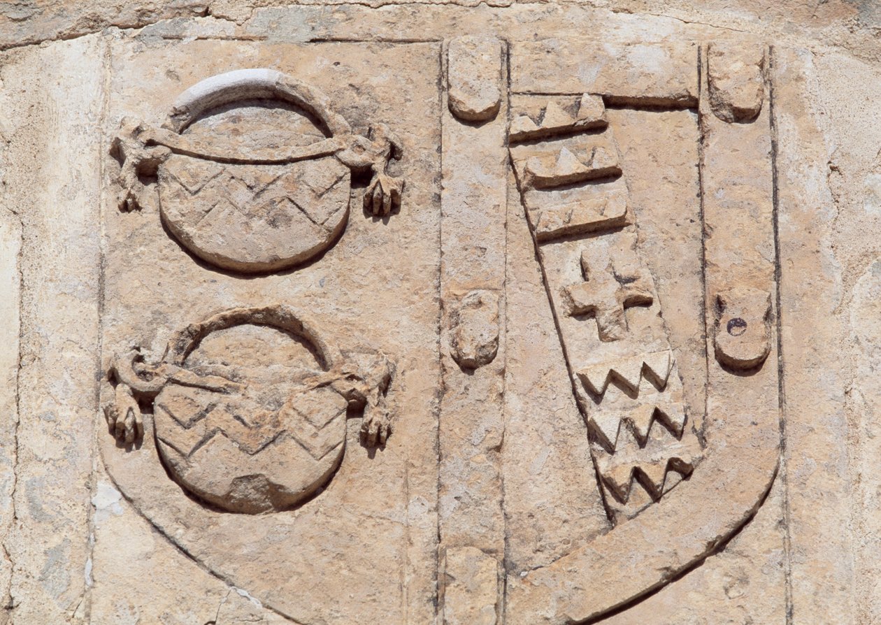 Spania, Castilla-La Mancha, Hill of St. Christopher, Belmonte, Belmonte Castle, Arkitektonisk detalj som viser Marquis de Villenas våpenskjold av Unbekannt Unbekannt