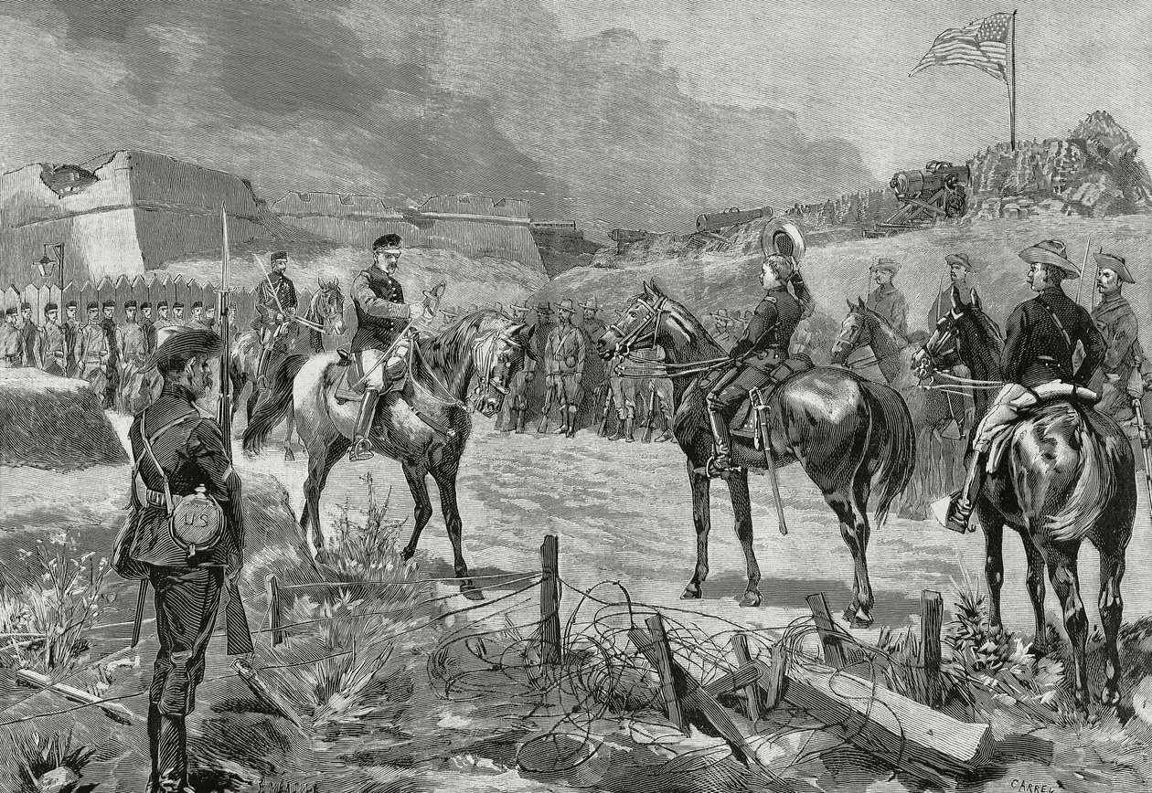 Den spanske generalen Jose Toral y Velazquez overga seg til amerikanske tropper, Santiago de Cuba, juli 1898, spansk-amerikansk krig, Cuba av Unbekannt Unbekannt
