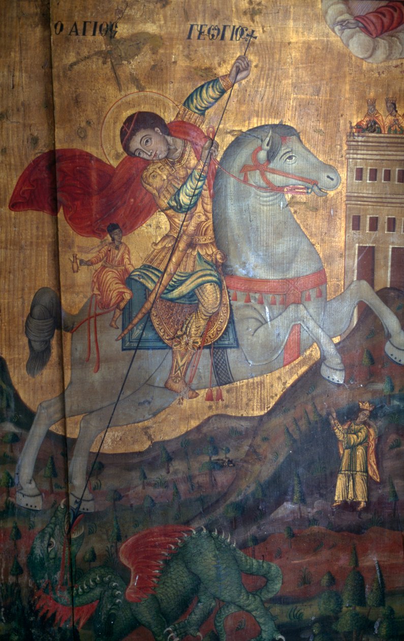 St George and Dragon, detalj av trepanel i kirken Agia Paraskevi, Anisaraki, Kreta, Hellas (bilde) av Unbekannt Unbekannt