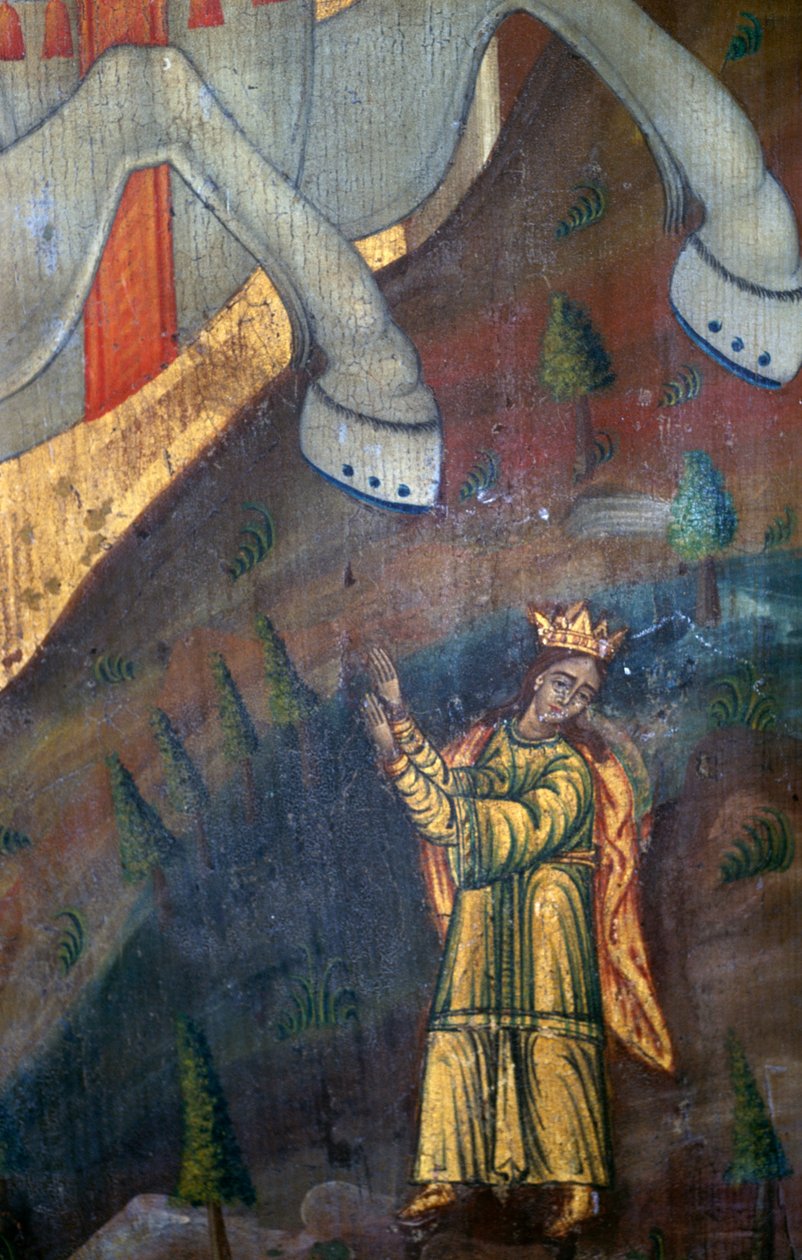 St George and Dragon, detalj av trepanel i kirken Agia Paraskevi, Anisaraki, Kreta, Hellas (bilde) av Unbekannt Unbekannt