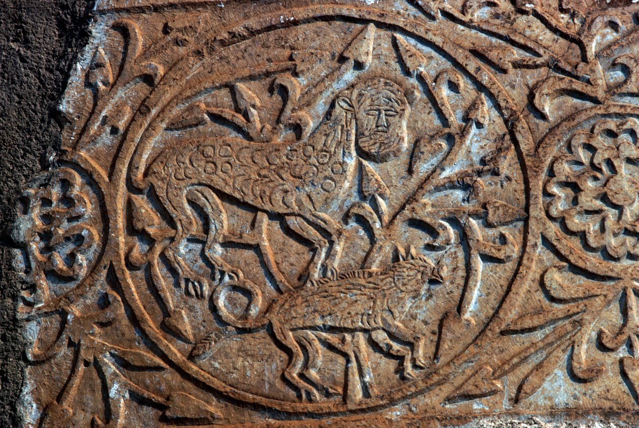 Steinrelieff som viser fantastiske dyr, kirken til Jomfruens Dormition (Panagia Skripou), Orchomenus, Boeotia, Hellas, 900-tallet (bilde) av Unbekannt Unbekannt