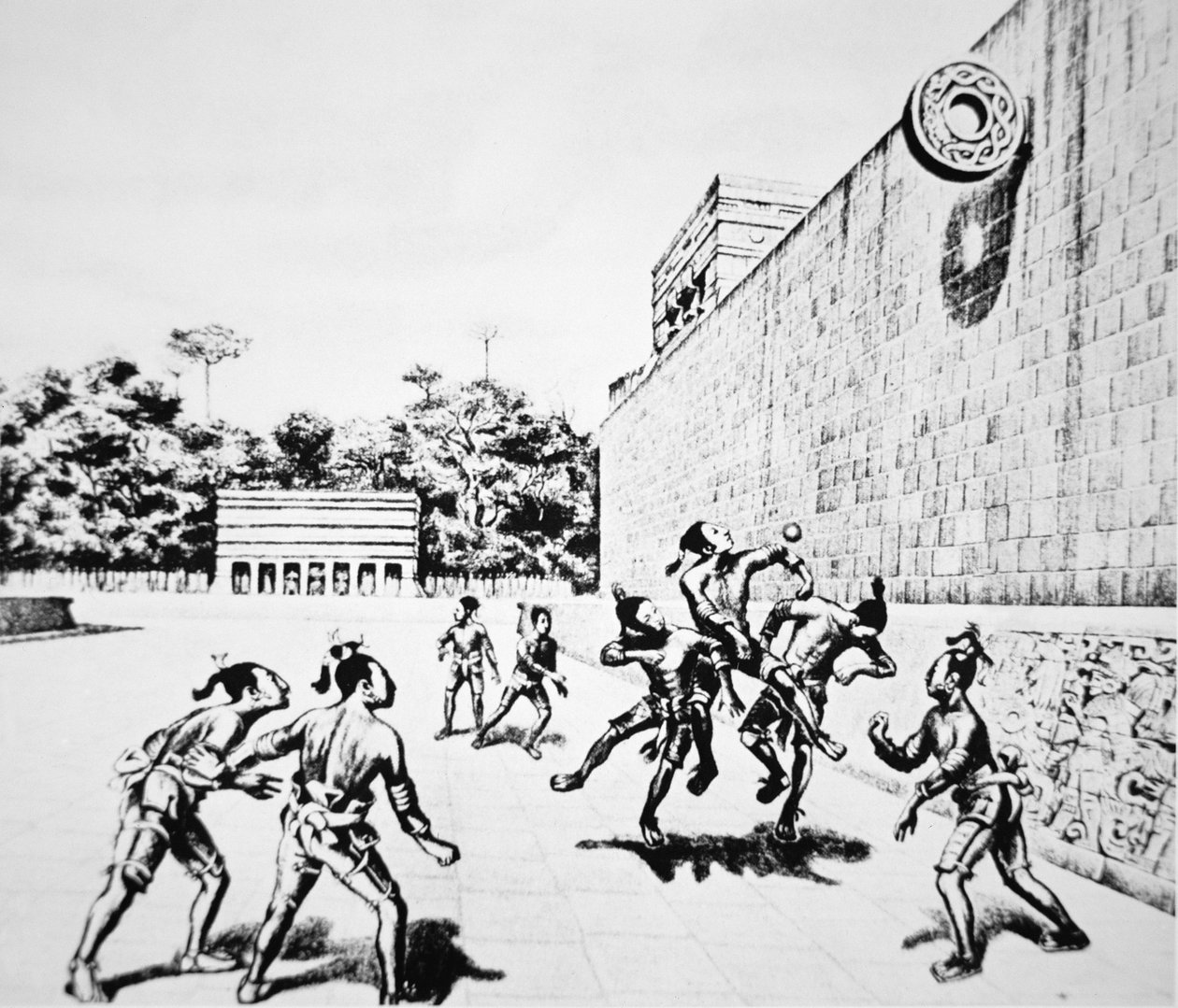 Ballspillet til 'Tlachthli' spilt på Chichen Itza (litho) av Unbekannt Unbekannt