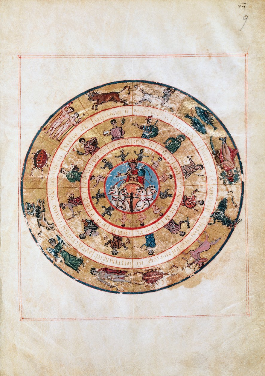 Solvognen og dyrekretsens tegn, miniatyr fra et tidlig middelaldermanuskript, astronomisk tabell av Ptolemaios (ca 100-175), hellenistisk sivilisasjon av Unbekannt Unbekannt