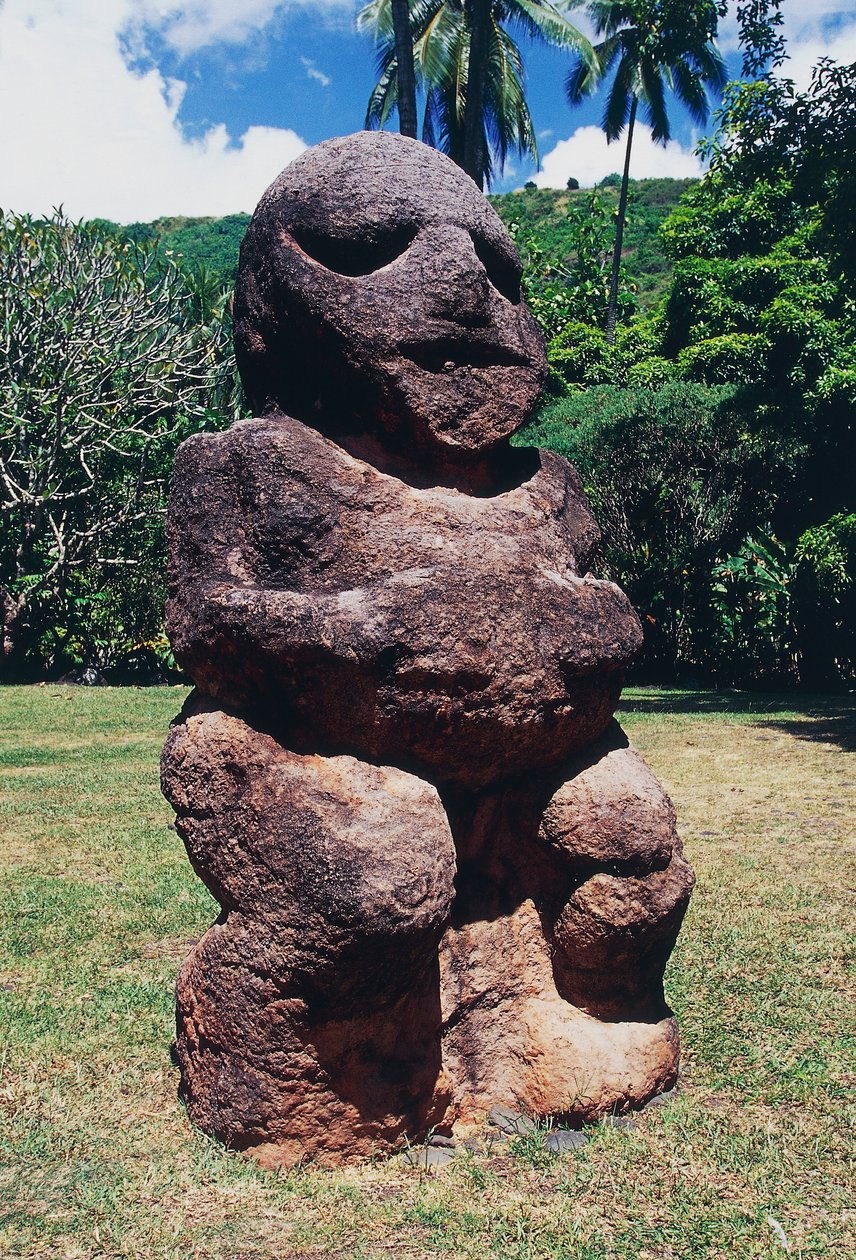 Tiki, marae (tempel) Arahurahu, skulptur, Tahiti, Society Islands, Archipelago of Windward Islands, Fransk Polynesia (den franske republikkens oversjøiske territorium) av Unbekannt Unbekannt