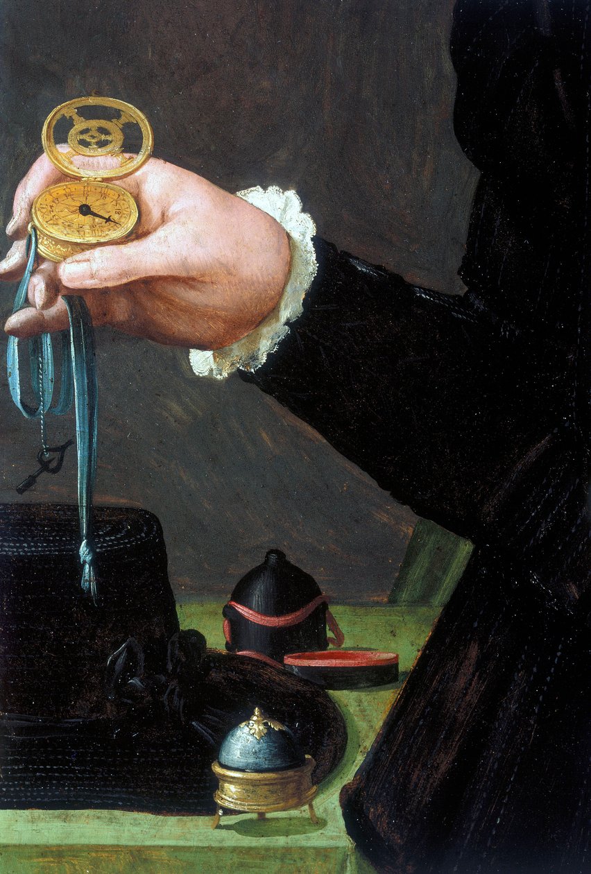 Klokker, håndledd, analog detalj fra et portrett av en mann som holder en klokke, c 1558 av Unbekannt Unbekannt