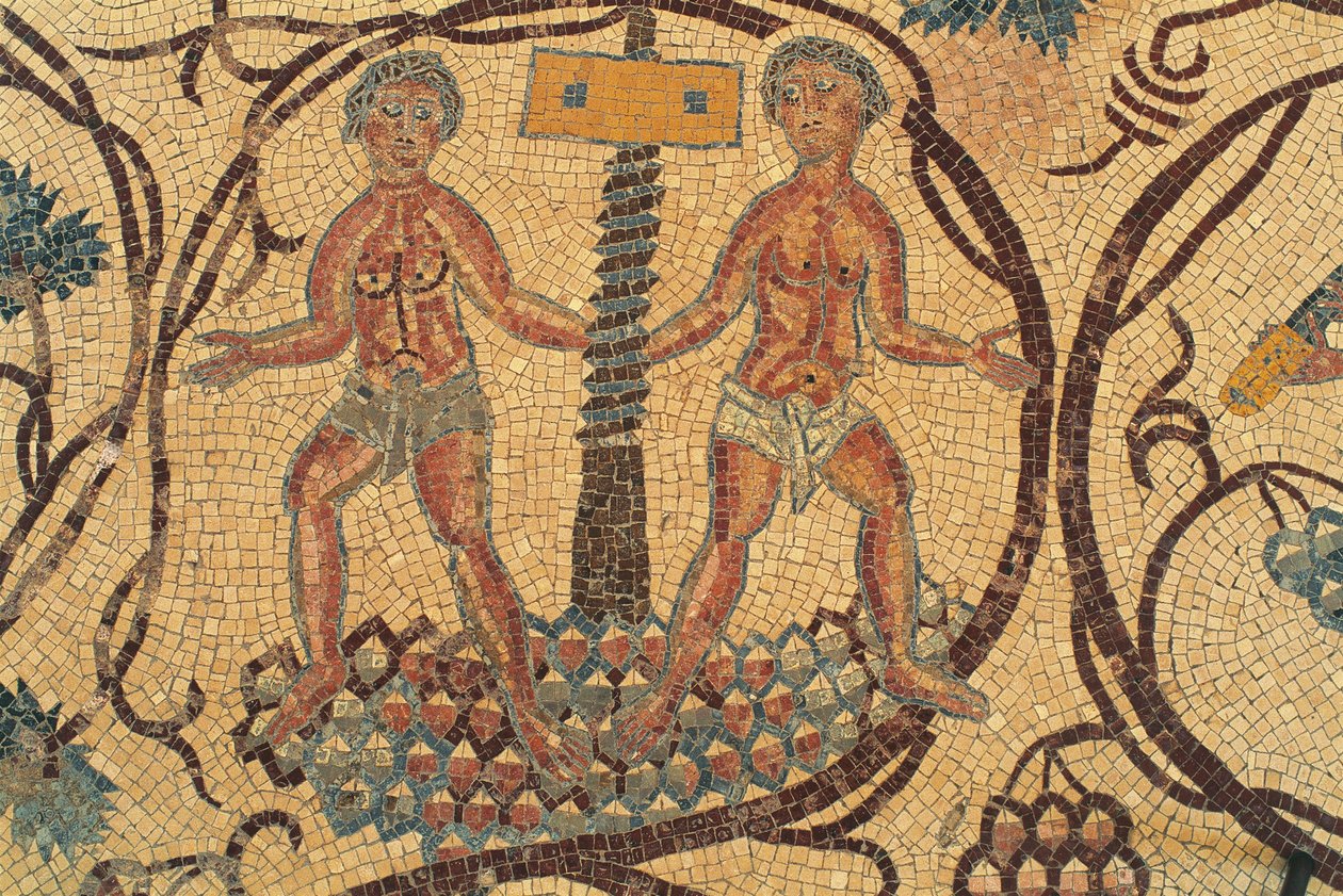 Vinskruepresse, detalj av gulvmosaikk med scener fra dagliglivet, Church of Saints Lot og Procopius, Nebo, Khirbet al-Mukhayyat, Jordan, bysantinsk sivilisasjon, 600-tallet e.Kr. av Unbekannt Unbekannt