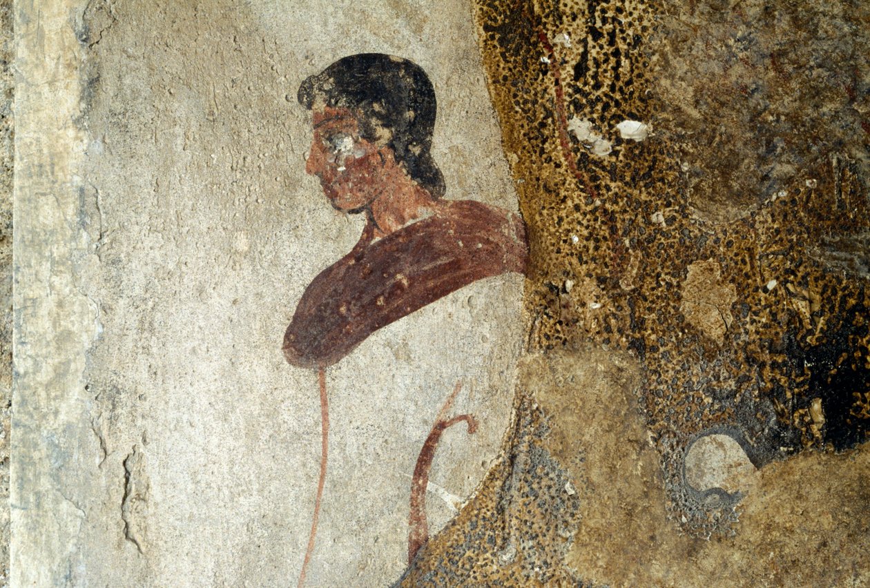 Ung mann, detalj fra freskomaleri fra Paestum, Campania, Italia, antikkens gresk sivilisasjon, Magna Graecia (bilde) av Unbekannt Unbekannt