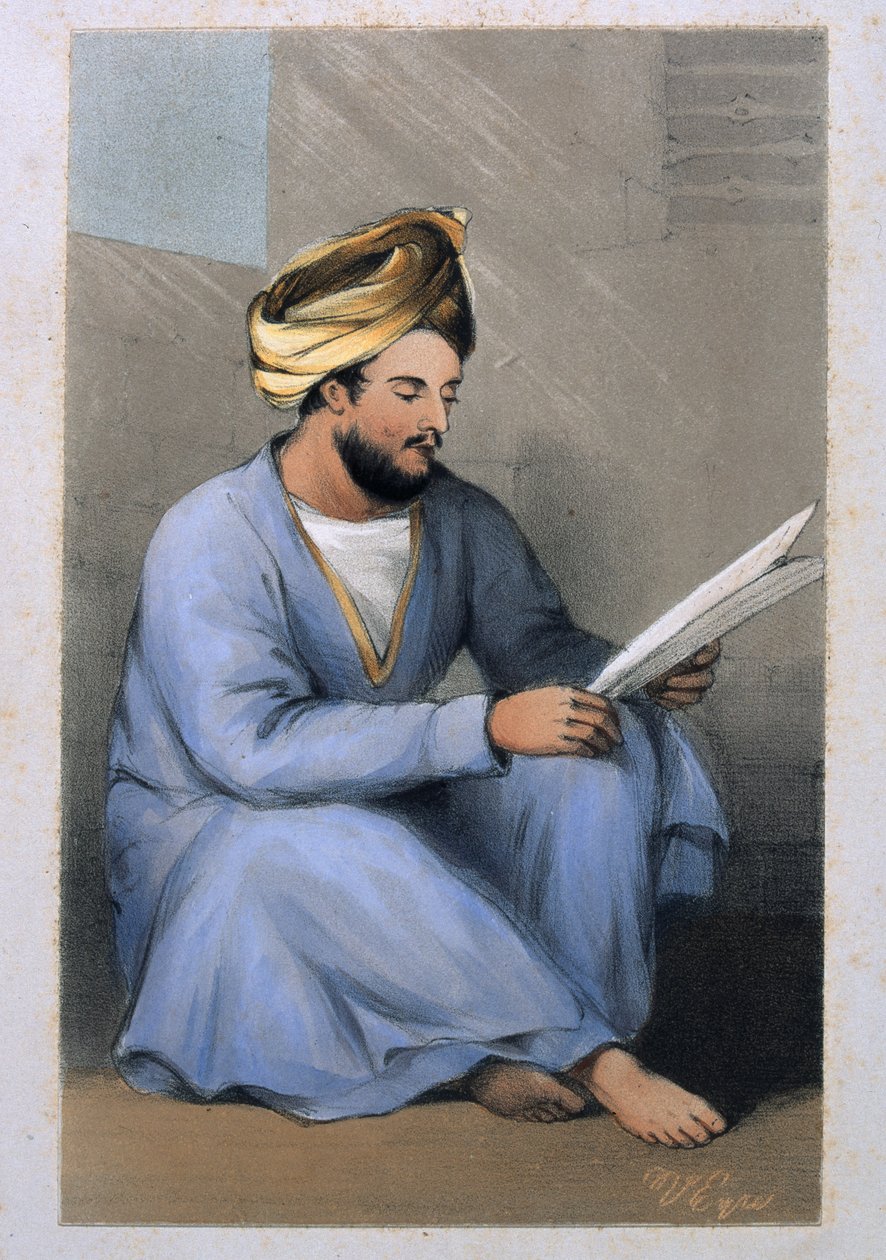 Kaptein Johnstone, Shahs tjeneste, sittende og leste i afghansk kjole, 1842 av Lieutenant Vincent Eyre