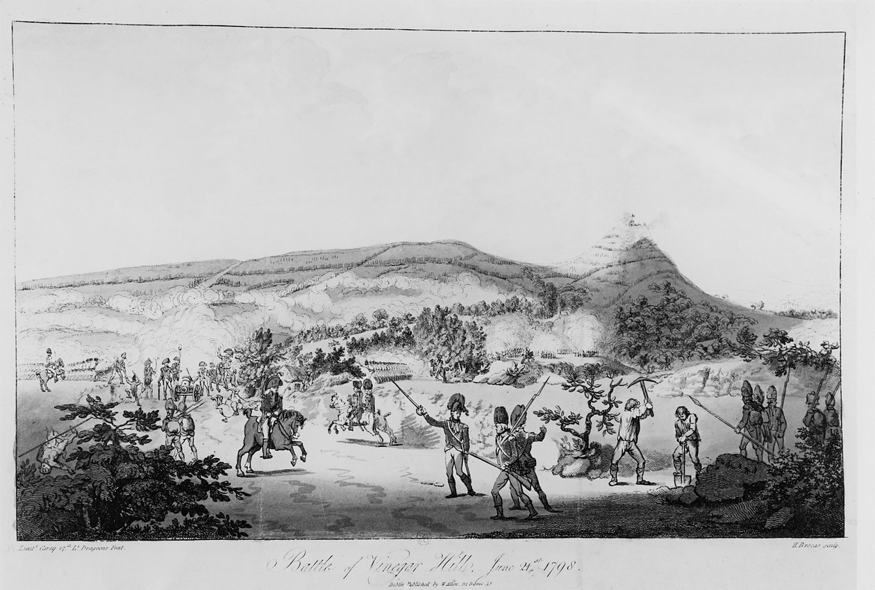 Slaget ved Vinegar Hill, 21. juni 1798, gravert av Henry Brocas (1762-1837) (se 123758 for farge) av Lieutenant Carey