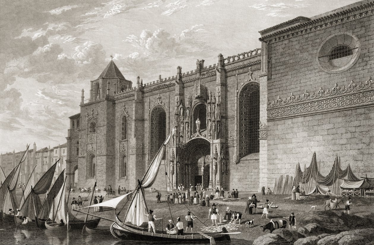 Mosteiro dos Jeronimos Belem, Lisboa, fra 'Select Views of the Principal Cities of Europe, gravert av JH Le Keux, utgitt i London, 1832 av Lieutenant Colonel Batty